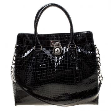 Pre Owned Michael Michael Kors Black Croc Embossed Patent Leather Hamilton Tote