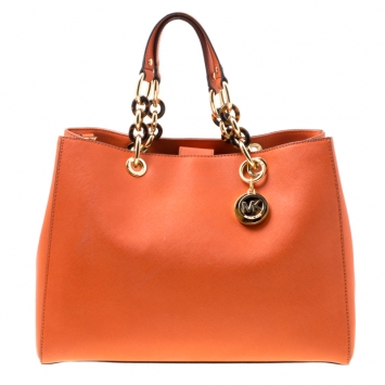 Pre Owned Michael Michael Kors Orange Leather Medium Cynthia Tote