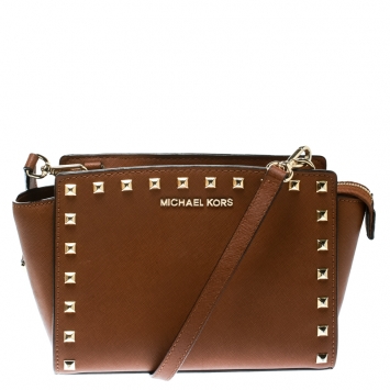 Pre Owned Michael Michael Kors Brown Leather Medium Studded Selma Crossbody Bag 