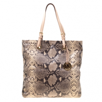 Pre Owned Michael Michael Kors Beige Python Embossed Leather Tote