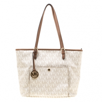 Pre Owned Michael Michael Kors White Signature Coated Canvas Jet Set Pocket Tote