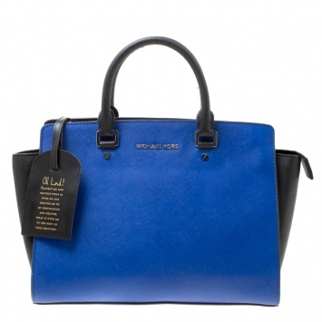 Pre Owned Michael Michael Kors Blue/Black Saffiano Leather Medium Selma Tote