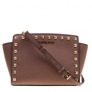 Pre Owned Michael Michael Kors Dark Beige Medium Studded Selma Crossbody Bag