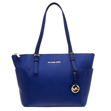Pre Owned Michael Michael Kors Blue Saffiano Leather Jet Set Top Zip Tote