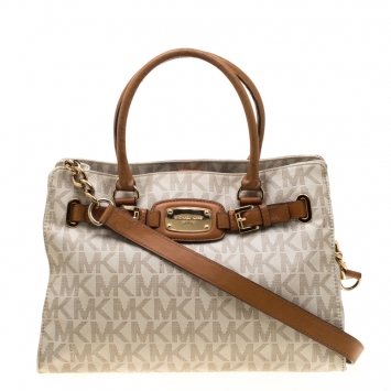 Pre Owned Michael Michael Kors Cream/Brown Coated Canvas and Leather East West Hamilton Tote