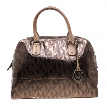 Pre Owned MICHAEL Michael Kors Gunmetal Metallic Mirror Signature PVC Satchel