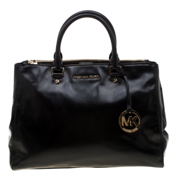 Pre Owned Michael Michael Kors Black Leather Double Zip Jet Set Tote