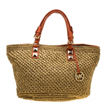 مملوكة مسبقًا MICHAEL Michael Kors Beige/Orange Raffia and Leather Basket Tote