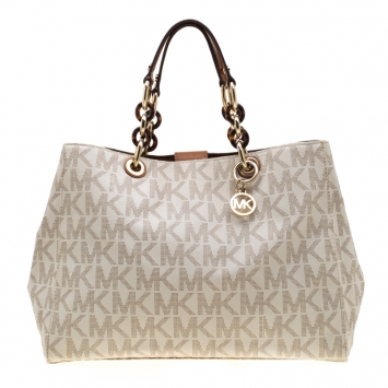 Pre Owned MICHAEL Michael Kors Off White Signature Coated Canvas Chain Tote