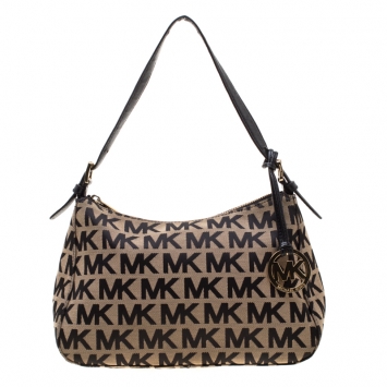 Pre Owned MICHAEL Michael Kors Beige/Black Signature Canvas Small Top Zip Shoulder Bag