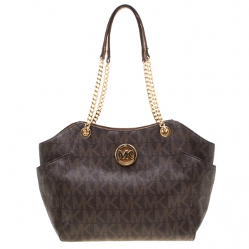 Pre Owned MICHAEL Michael Kors Brown Signature Coated Canvas  Chain Tote