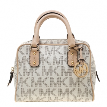 Pre Owned MICHAEL Michael Kors Beige Signature PVC and Leather Mini Luggage Sacthel 