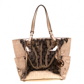 Pre Owned MICHAEL Michael Kors Rose Gold Metallic Mirror Signature PVC  East-West Tote