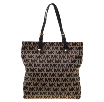 Pre Owned MICHAEL Michael Kors Black/Beige Signature Canvas North South Tote