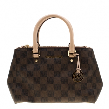 Pre Owned MICHAEL Michael Kors Brown Checkboard Coated canvas Sutton Satchel