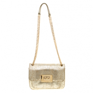 Pre Owned MICHAEL Michael Kors Metallic Gold Lizard Embossed Leather Turnlock Crossbody Bag