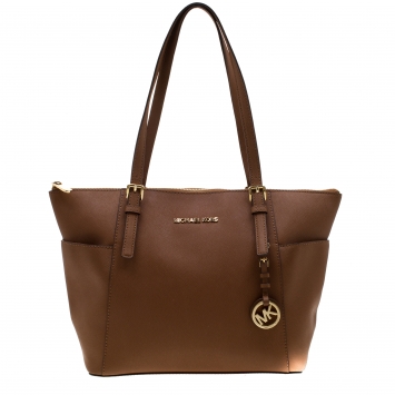 Pre Owned Michael Kors Tan Saffiano Leather Jet Set Zip Tote