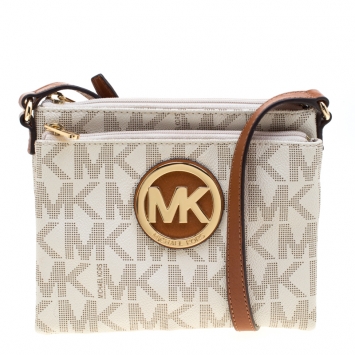 Pre Owned MICHAEL Michael Kors White/Brown PVC and Leather Large Fulton Crossbody Bag
