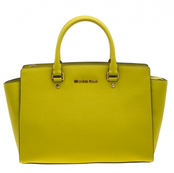 Pre Owned Michael Kors Lime Green Saffiano Leather Medium Selma Tote