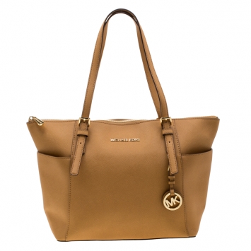 Pre Owned Michael Michael Kors Tan Saffiano Leather Top Zip Jet Set Tote
