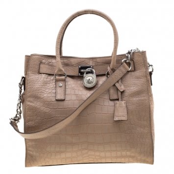 Pre Owned Michael Kors Beige Crocodile Embossed Leather Hamilton Tote