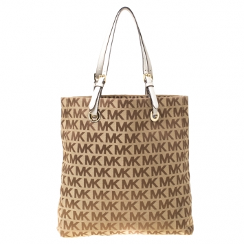Pre Owned MICHAEL Michael Kors Beige/Brown Signature Canvas Large Jet Set Tote