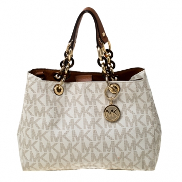 Pre Owned MICHAEL Michael Kors Off White/Brown Signature Coated Canvas Cynthia Tote