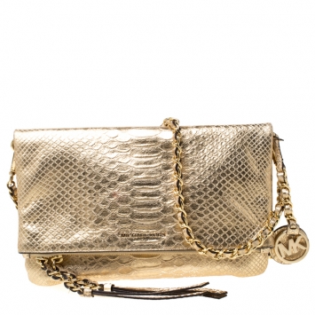 Pre Owned Michael Michael Kors Metallic Gold Python Embossed Leather Foldover Crossbody Bag