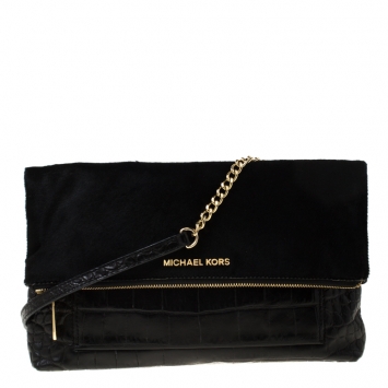 Pre Owned Michael Michael Kors Black Calfhair and Croc Embossed Leather Foldover Crossbody Bag