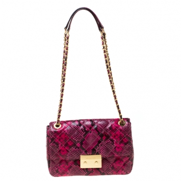 Pre Owned Michael Kors Pink Python Embossed Leather Sloan Shoulder Flap Bag