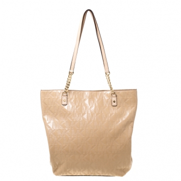 Pre Owned MICHAEL Michael Kors Signature Beige Patent Leather Jet Set Chain Tote