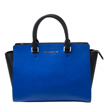 Pre Owned Michael Michael Kors Blue/Black Saffiano Leather Medium Selma Tote
