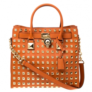 Pre Owned MICHAEL Michael Kors Orange Leather Large Studded Hamilton Tote
