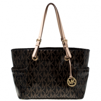 Pre Owned Michael Michael Kors Black/Beige Large Signature Patent Leather Jet Set Tote