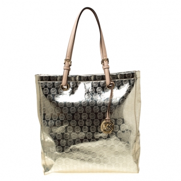 Pre Owned Michael Michael Kors Gold Monogram Patent Leather Jet Set North South Tote