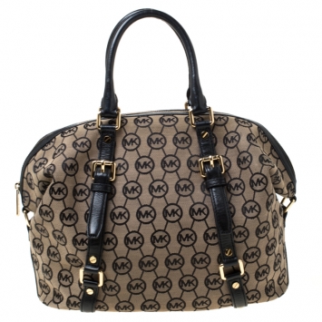 Pre Owned MICHAEL Michael Kors Beige/Black Monogram Canvas and Leather Bedford Satchel