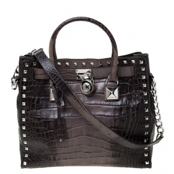 Pre Owned Michael Kors Grey/Black Croc Embossed Studded Hamilton Tote