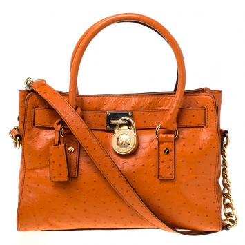 Pre Owned MICHAEL Michael Kors Orange Ostrich Embossed Leather Medium Hamilton Tote