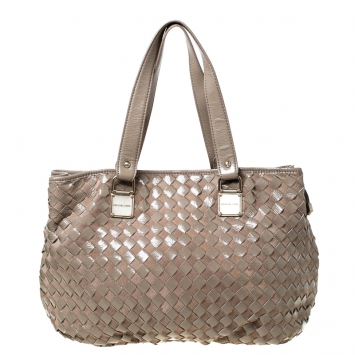 Pre Owned Michael Kors Beige Suede and Patent Leather Woven Tote