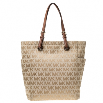 Pre Owned MICHAEL Michael Kors Beige/Brown Signature Canvas Large Jet Set Tote