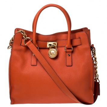 Pre Owned MICHAEL Michael Kors Orange Saffiano Leather Large Hamilton North South Tote