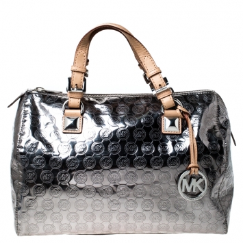 Pre Owned Michael Michael Kors Metallic Silver Mirror Signature Leather Large Grayson Satchel 