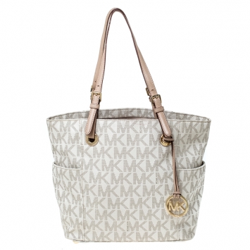 Pre Owned Michael Michael Kors Off White Signature Coated Canvas Jet Set Tote