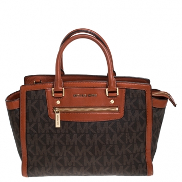 Pre Owned MICHAEL Michael Kors Brown Signature Coated Canvas and Leather Selma Tote