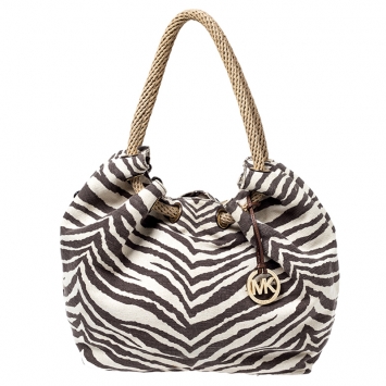 Pre Owned MICHAEL Michael Kors Beige Tiger Print Canvas Marina Drawstring Hobo 