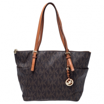 Pre Owned MICHAEL Michael Kors Dark Brown Signature Coated Canvas Top Zip Jet Set Tote