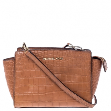 Pre Owned  MICHAEL Michael Kors Tan Croc Embossed Leather Selma Crossbody Bag