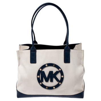 Pre Owned Michael Michael Kors Off White/Blue Canvas and Croc Embossed Leather Tote