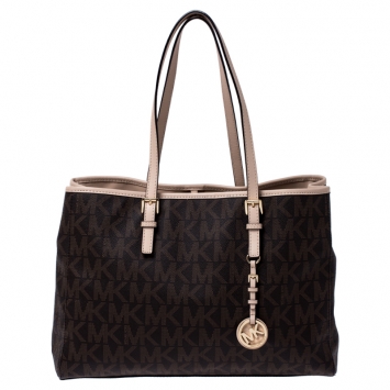 Pre Owned Michael Michael Kors Brown Signature Coated Canvas Jet Set Travel Tote