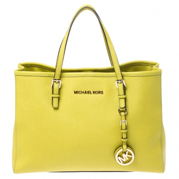 Pre Owned MICHAEL Michael Kors Neon Green Saffiano Leather Small Jet Set Travel Tote